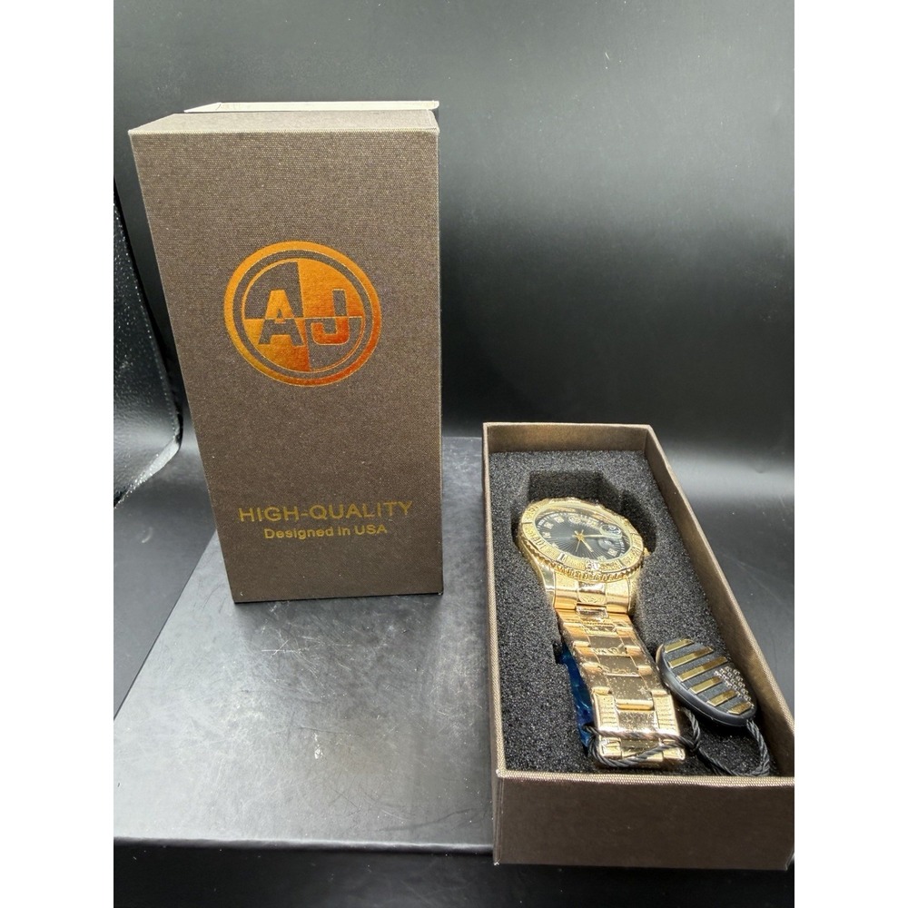 AJ USA Men's Gold‑Tone Metal Link Watch w/ Black Dial & Crystal Hour Markers ⌚✨